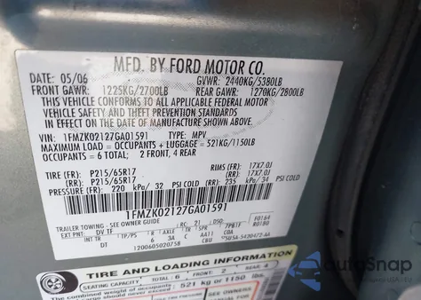 2007 Ford Freestyle Sel from USA, damaged, VIN 1FMZK02127GA01591